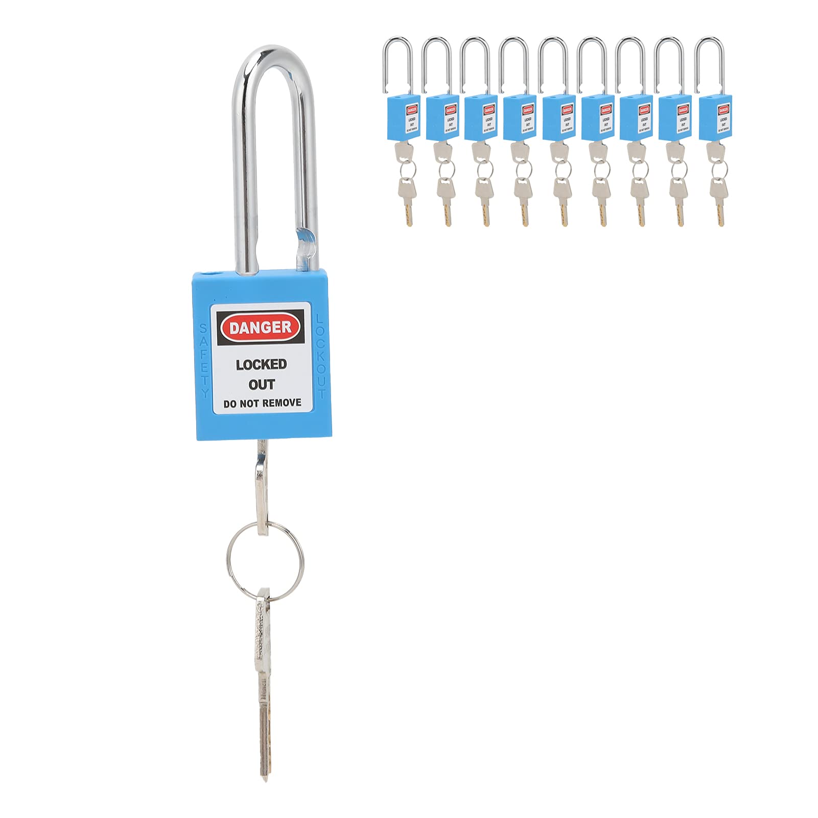 Jiawu 10 Juegos de Candados de Seguridad de 1,5 Pulgadas, Candado de Acero Industrial con Etiqueta Grabable, Fuerte Cerradura de Seguridad Resistente a la Corrosión para Máquinas, Fabricación, (BLUE)