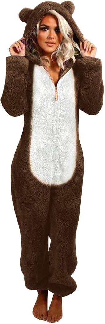 Onesie Adult Pajamas Women Cute Animal Warm Sherpa One Piece Sleepwear Womens Hooded Jumpsuit Loungewear