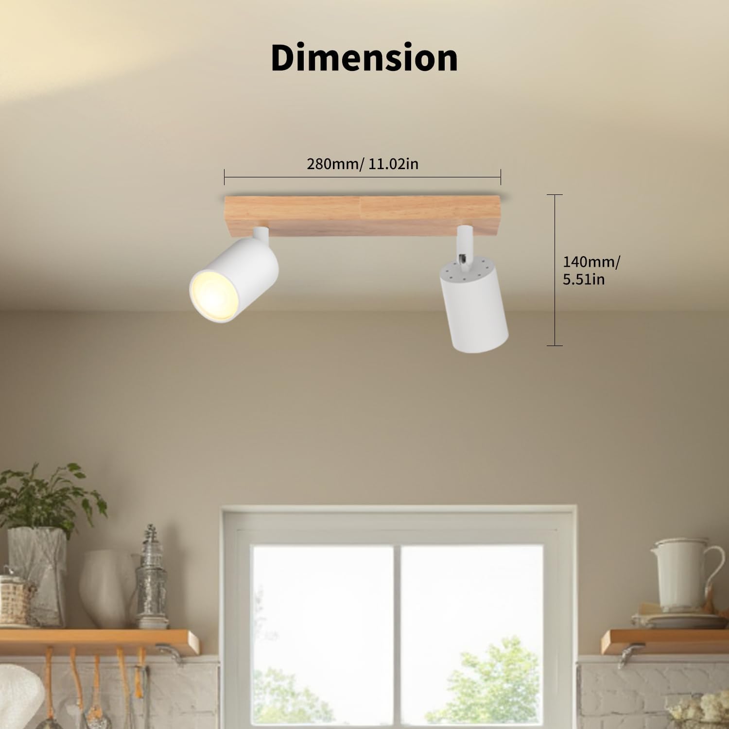 Dimensions of the LVWIT 2-Spot LED Ceiling Light: 280mm (11.02in) length, 140mm (5.51in) height.