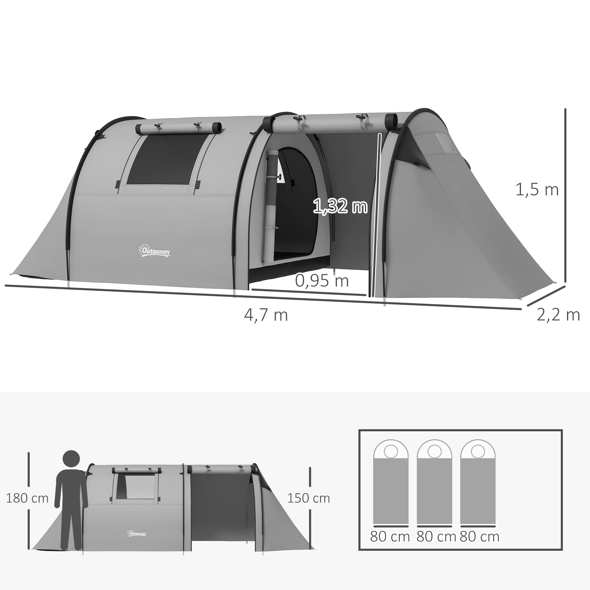Outsunny Campingzelt für 3-4 Personen stabil wasserdicht Familienzelt mit Schlafzimmer Wohnzimmer, Kuppelzelt mit 3000mm Wassersäule Tunnelzelt Zelt für Camping Reise