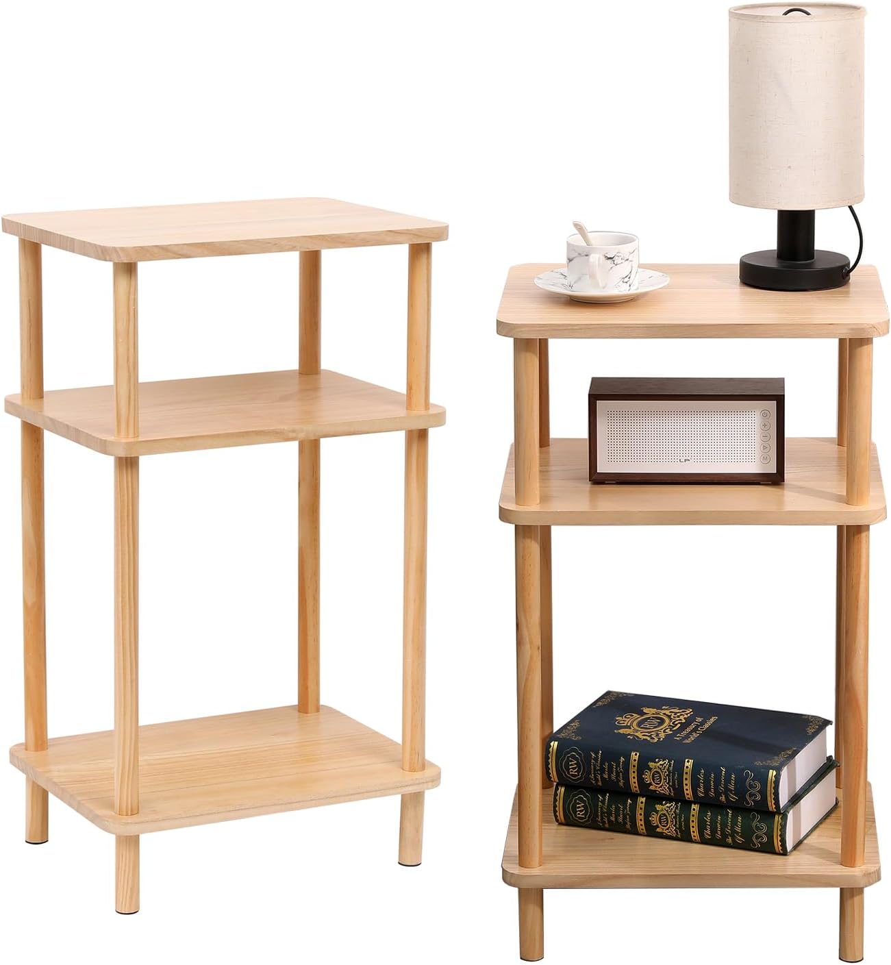 3 Tier End Table Night Stand, Solid Wood Edge Table Narrow Side Table Bookcase Bookshelf Simple Bedside Table Storage Rack for Bedroom Living Room Bathroom,Natural Wood End Table with Storage Shelves