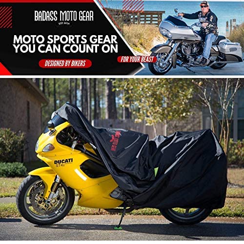 Badass Moto Ultimate Motorcycle Cover. Supreme Waterproof Outdoor Storage. 12 Levels Of Commercial Grade Protection Keep Your Bike 100% Dry, Clean, Safe. Large 97”L X 57”H. Harley Cruisers, Metrics #TOP6