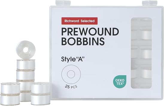 Poolin Prewound Bobbins Richword Selected White 25pcs Size A Bobbins, Plastic Sided, 70D/260WT Polyester Bobbin Thread for Single Needle Embroidery and Sewing Machine