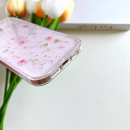 Miniatura 7 de Funda transparente para iPhone 13 MiniiPhone 12 Mini con diseño de flores reales prensadas, con purpurina y bonito patrón floral rosa, delgada,