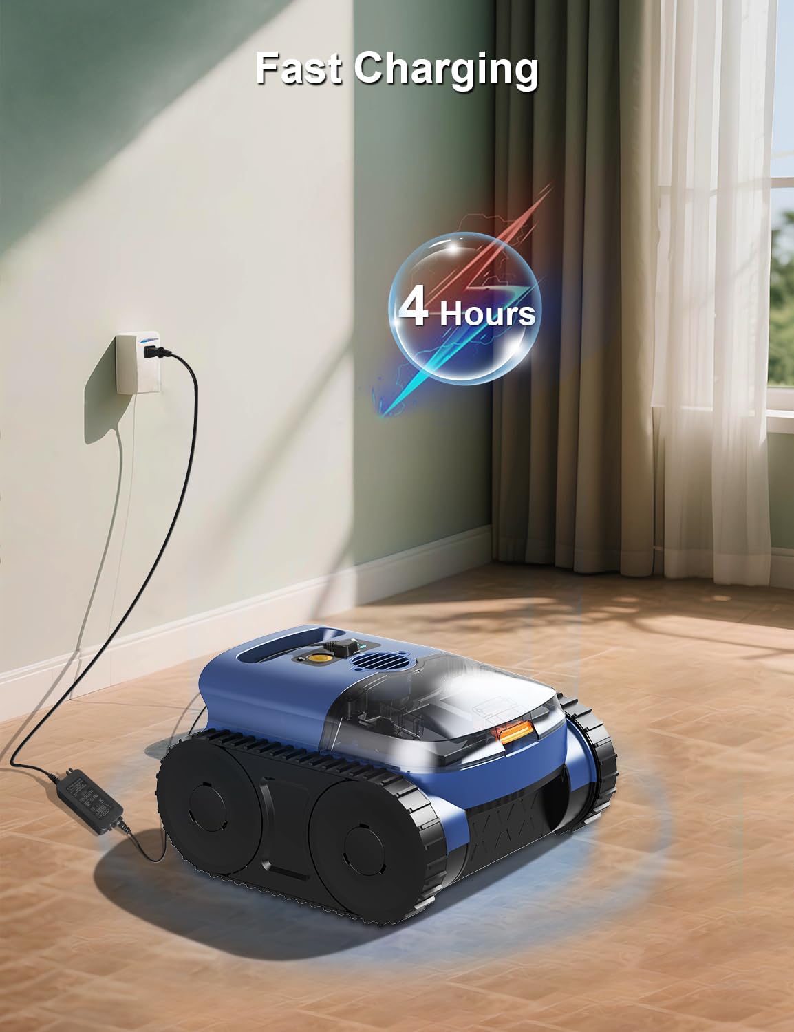 Zyerch SAT25 Robotic Pool Cleaner connected to a charger
