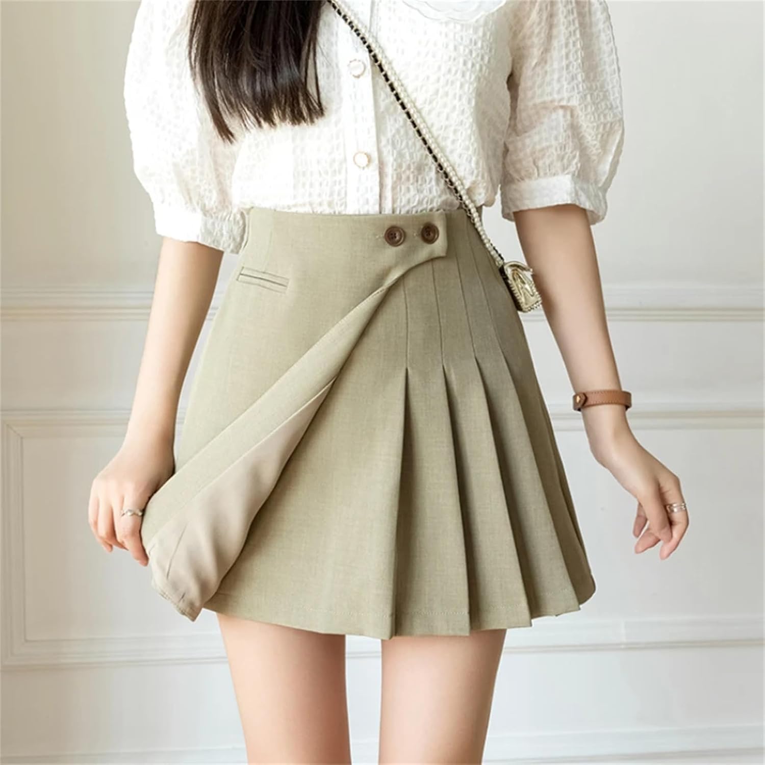 Korean Style High Waist A Line Mini Pleated Skirt for Women Button Design Short Casual Tennis Skirt