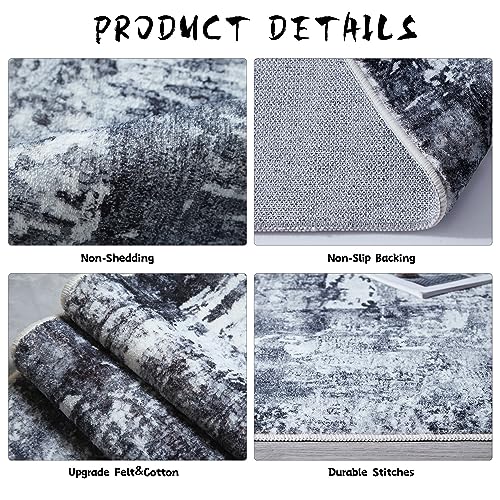 Runner Rug 2x6 Hallway Rugs Washable Boho Rug Soft Area Rug Abstract Pattern Non-Slip Faux Wool Vintage Rug for Kitchen, Entryway, Laundry, Bedroom, Grey and Black