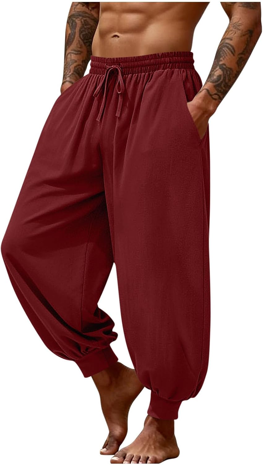 Mens Harem Pants Casual Elastic Waist Drawstring Pant Faux Cotton Linen Crop Pants Baggy Beach Trouser with Pocket