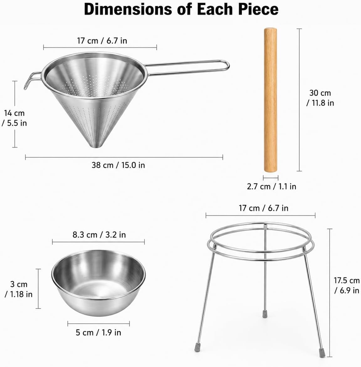 4 Pcs Stainless Steel Chinois Strainer Set, 7.5In Conical Strainer with Stand Bowl and Wooden Pestle, Easy Pressing Conical Funnel, Fine Mesh for Smooth Sauces, Jams, Purees, Soups