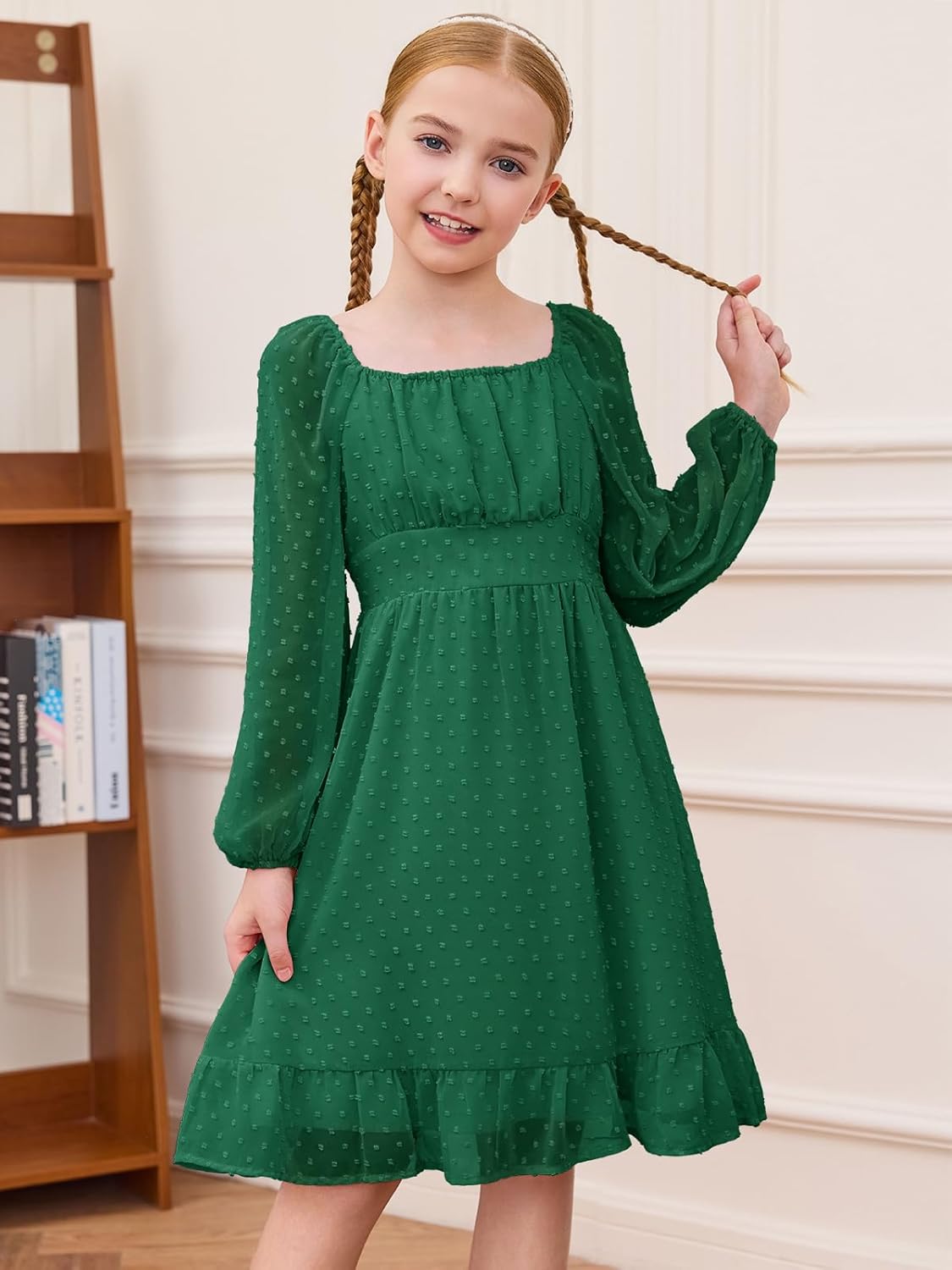Haloumoning Girls Long Sleeve Dress Kids Ruffle Tiered Dress Swiss Dot Flowy A Line Dresses 5-14 Years - Image 2