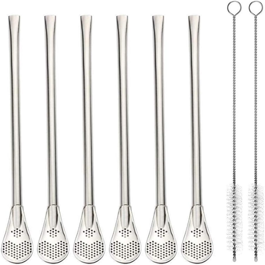FRUTA Stainless Steel Drinking Straws with Filter Spoon 6 Pcs Reusable Yerba Mate Tea Bombilla Drinking Straws with 2 Pcs Cleaning Brushes Set, 7.1inch/18CM Long