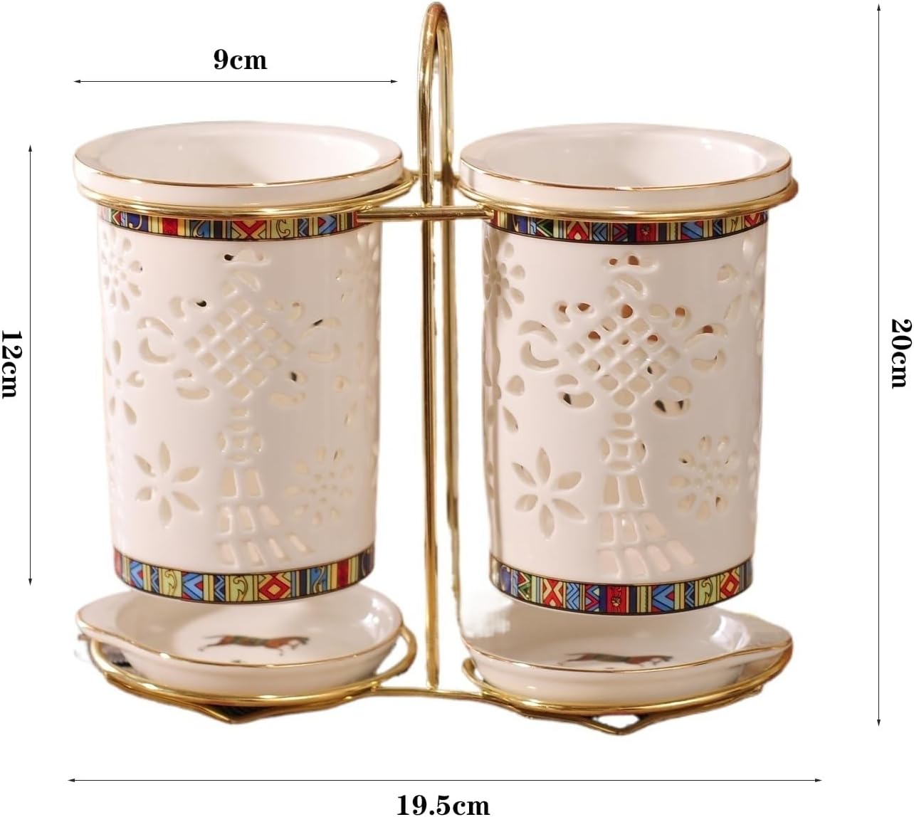 Utensil Holder 2-Piece Hollowed-Out Ceramic Utensil Holder with Metal Holder for Kitchen Countertop, Chopstick Spoon Forks Cutlery Storage Organizer Caddy Cutlery Holder