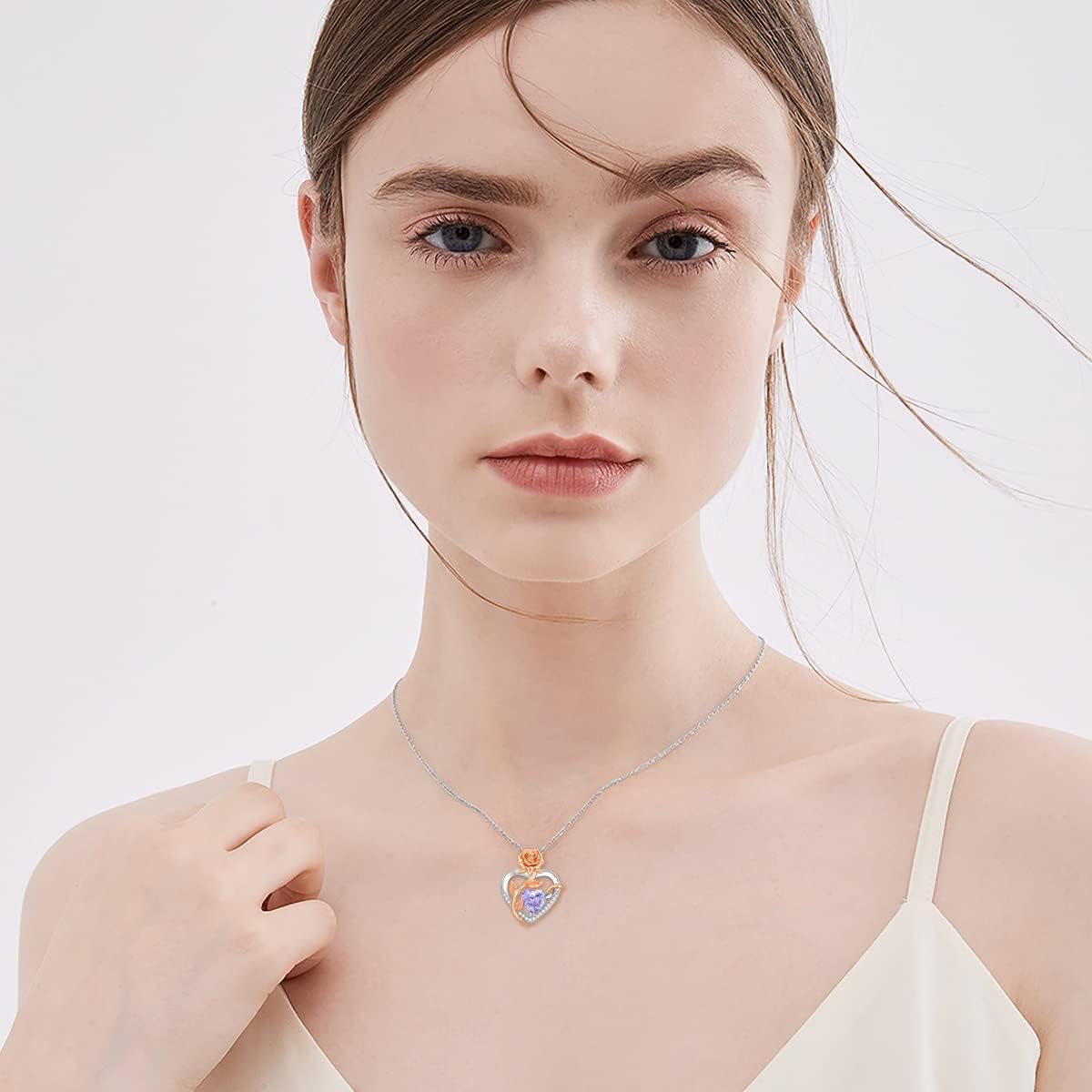 OCJ Birthstone Necklace for Women 925 Sterling Silver Rose Flower Heart Pendant Necklaces Anniversary Jewelry Birthday Christmas Gifts for Her Wife Girlfriend - Image 3