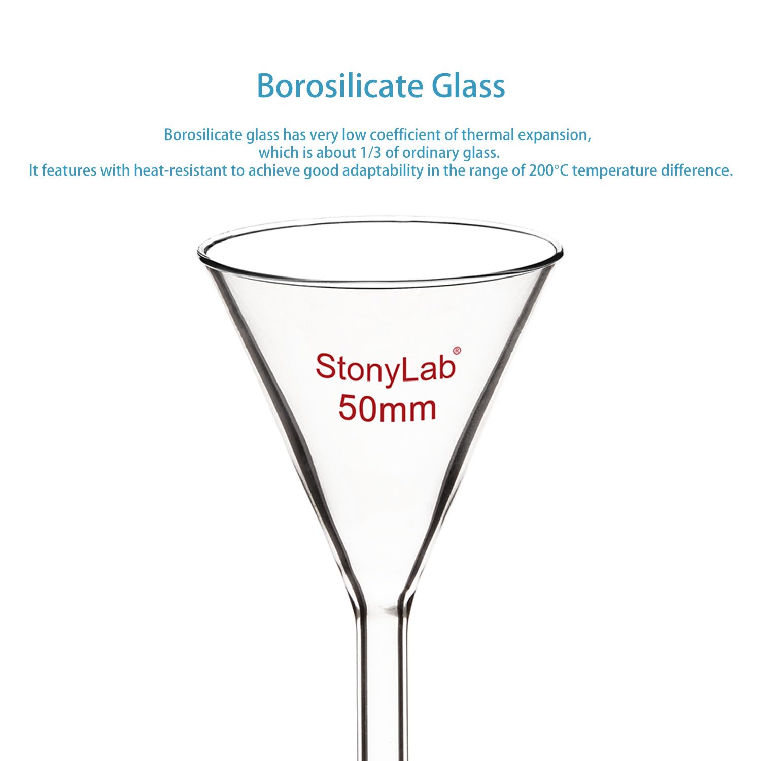 stonylab Imbuto di Vetro da 1 Confezione, Imbuto in Vetro Borosilicato a Parete Pesante, Diametro 50 mm e Lunghezza Stelo 50 mm