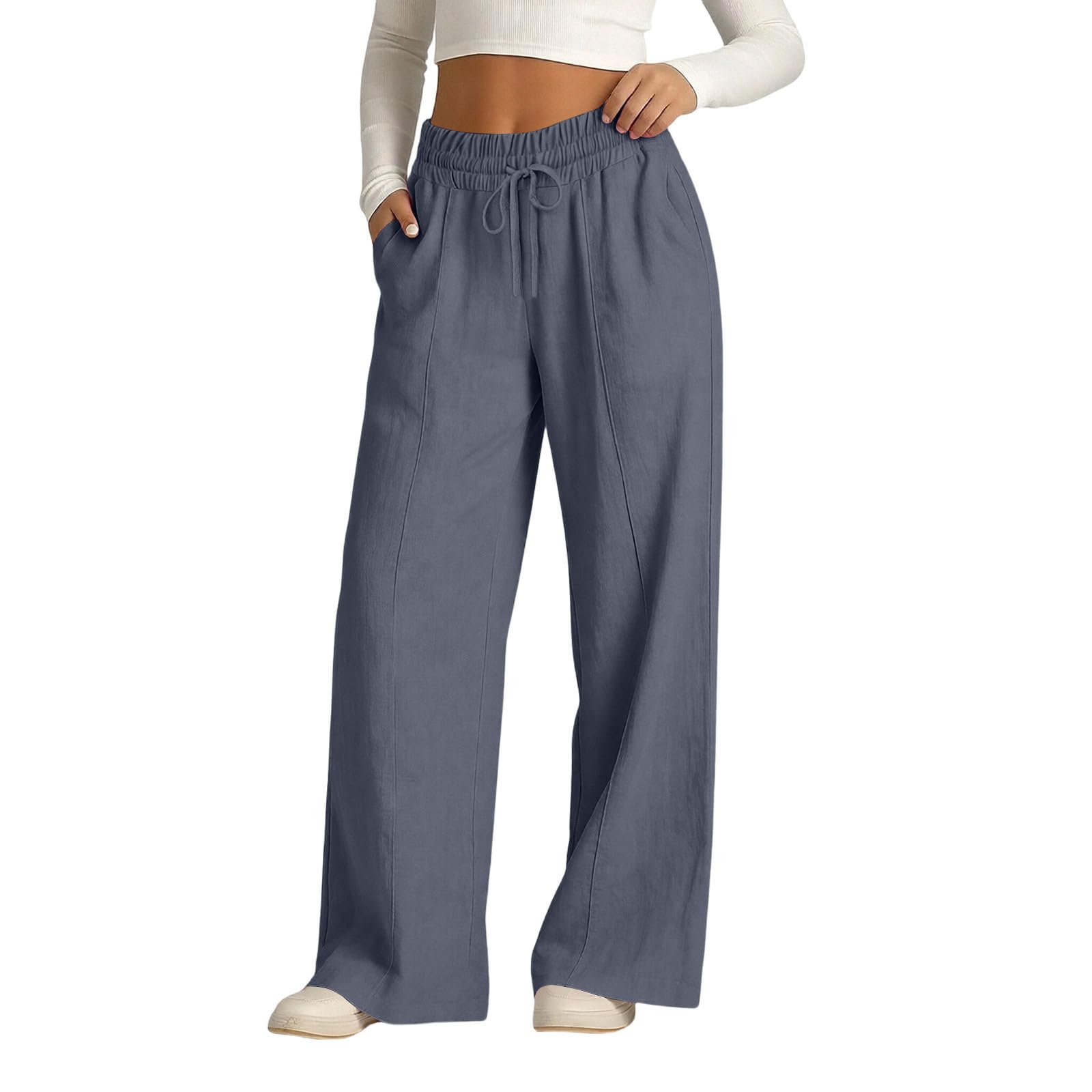 Rseomihvy Women's Cotton Linen Pants Summer Straight Wide Leg Trousers Drawstring Elastic Waist Loose Beach Vacation Outfits - 3