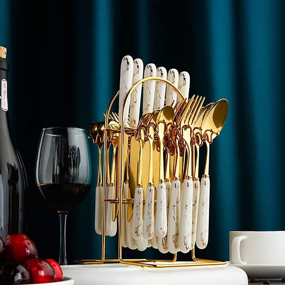 Cutlery Set For Wedding Party Kitchen Restaurant,Gold Stainless Steel Tableware Serving 6 Set With Ceramics Handles,flatware Silverware Sets With Hanging Rack Stand Holde(Gold With White Handle)