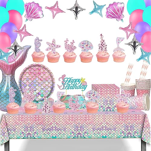 120 Piezas Decoracion Cumpleaños Sirena,Platos y Vasos para Sirena ,Juego de Vajilla de Fiesta...