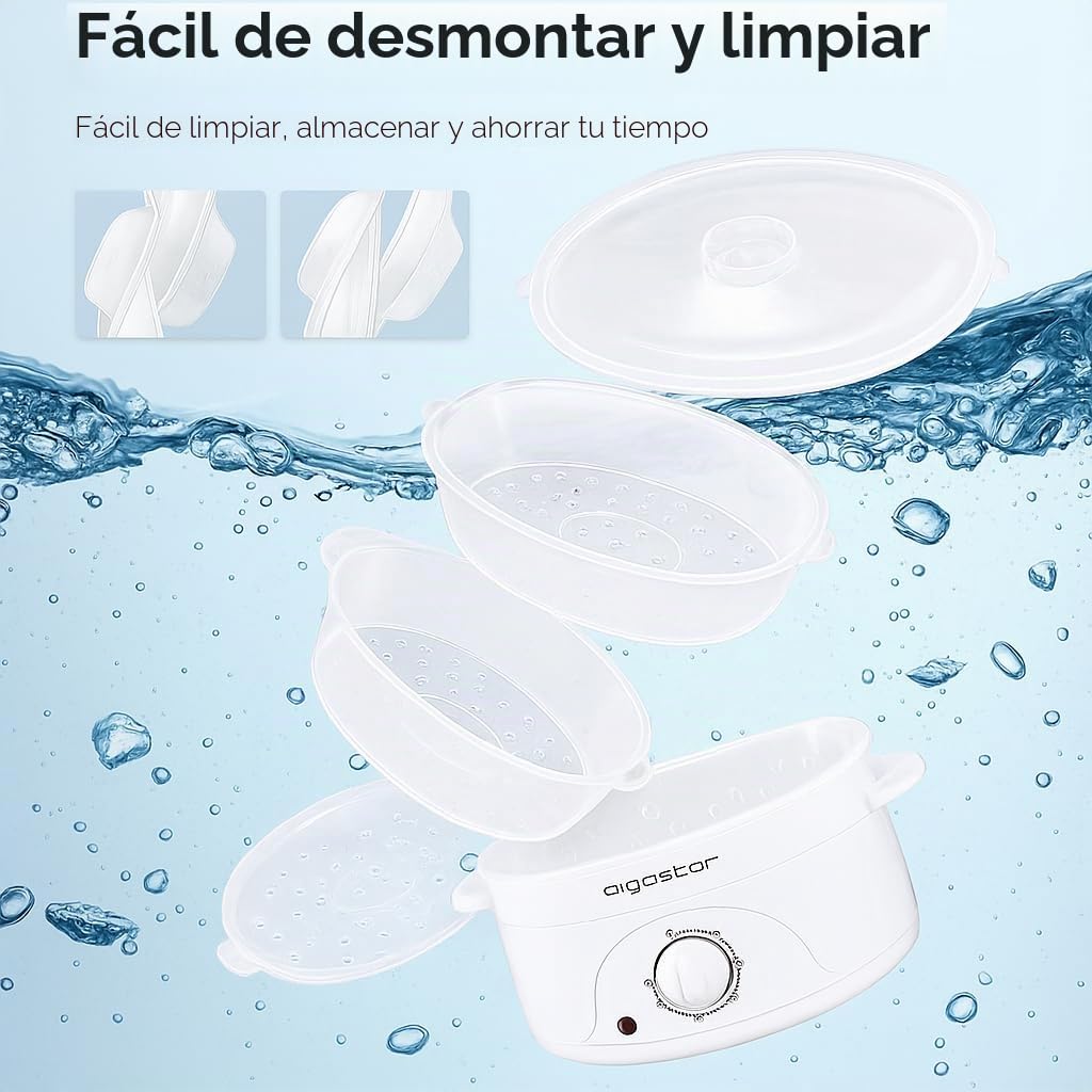 Aigostar Fitfoodie 30CFO - Vaporera Eléctrica 9L Capacidad, 800 W, Libre de BPA, Temporizador hasta 60 Minutos. 3 Recipientes Apilables, Cuenco para Preparar arroz. Diseño Exclusivo