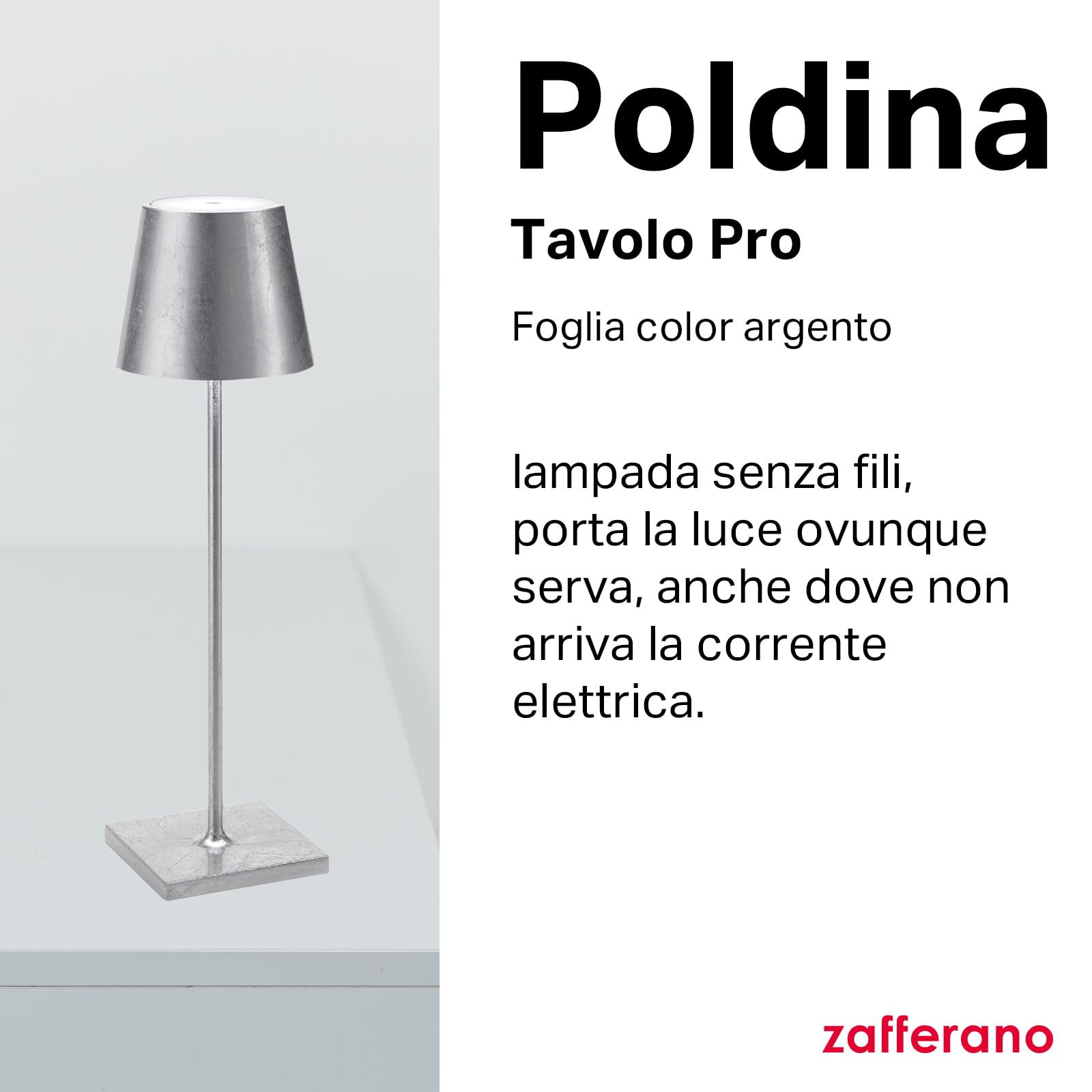 Zafferano, Poldina Pro con Foglia Color Argento, Lampada da Tavolo Ricaricabile e Senza Fili con Controllo Touch, Utilizzabile come Lampada da Interni, Dimmer, 2200-3000 K, Altezza 38 cm