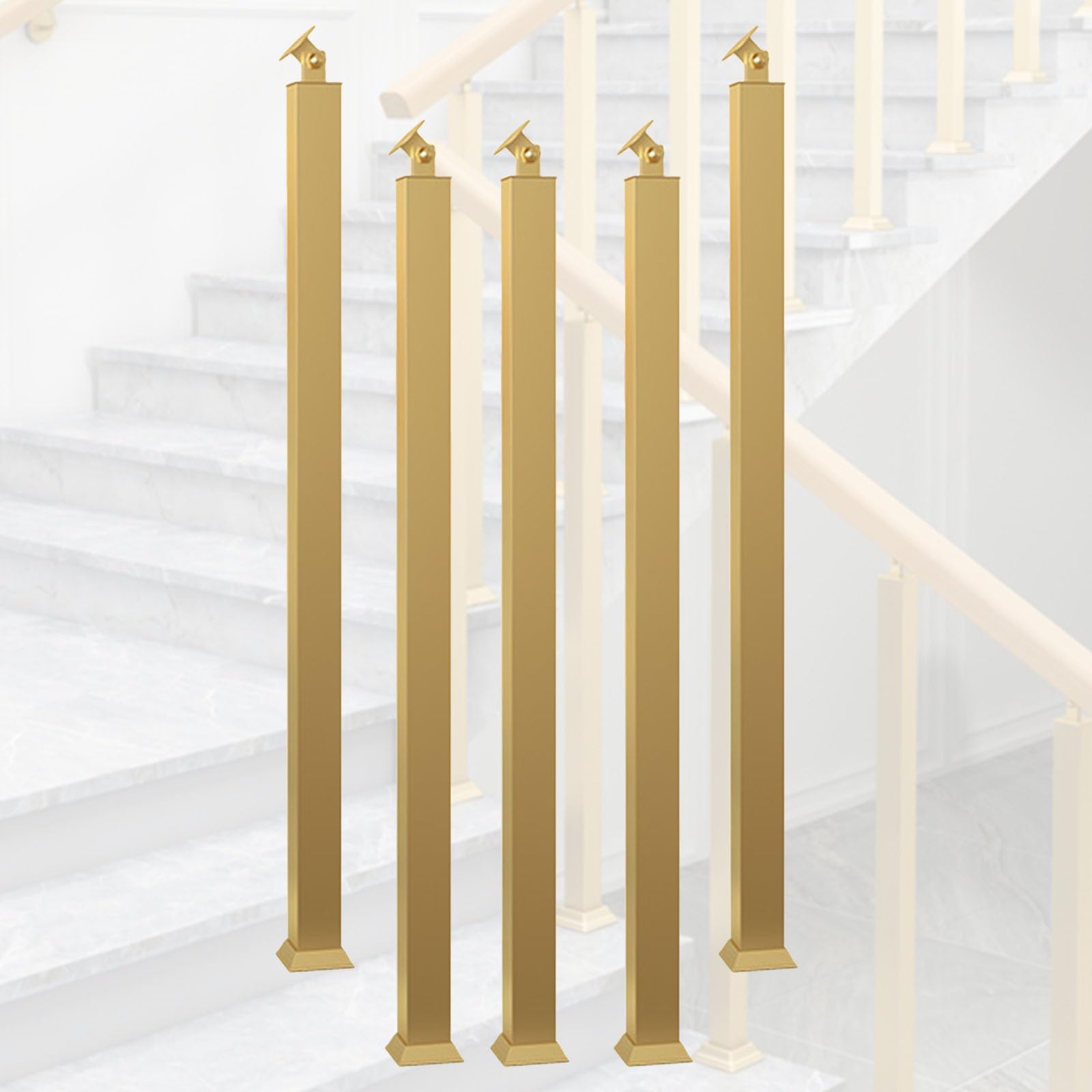 Stair Balusters Iron Gold for Interior Stairs, 270° Adjustable Step Banister/Square Staircase Spindles Posts for Stairway Deck Yard Entryway, with Floor Base Kit(5pc,45.3"/115cm)
