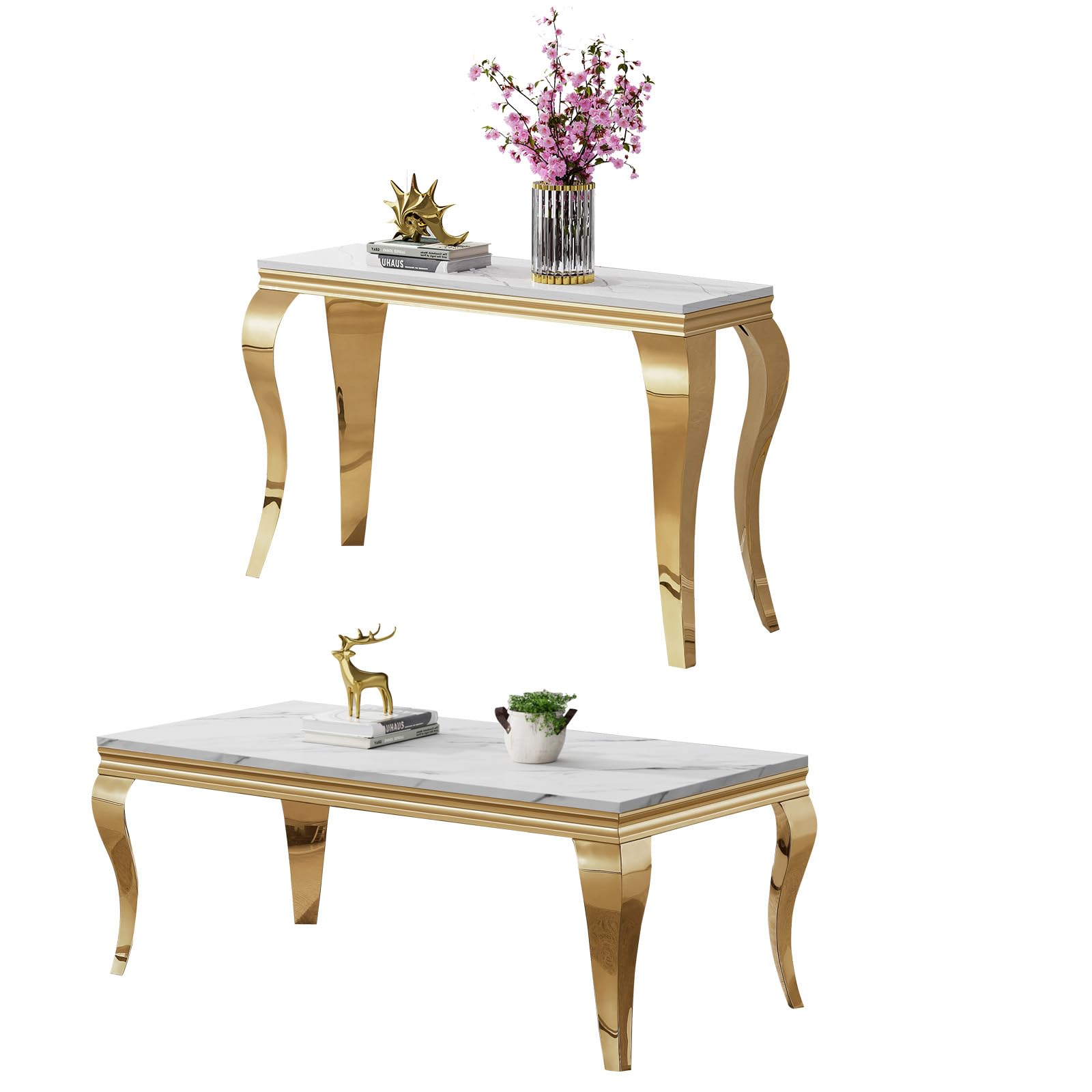 Luxury Coffee Table Set of 2, Rectangular Coffee Table with Sofa Console Table, Modern 2 Piece Living Room Table Set with Faux Marble Top &amp; Gold Stainless Steel S Legs for Apartment Home Office