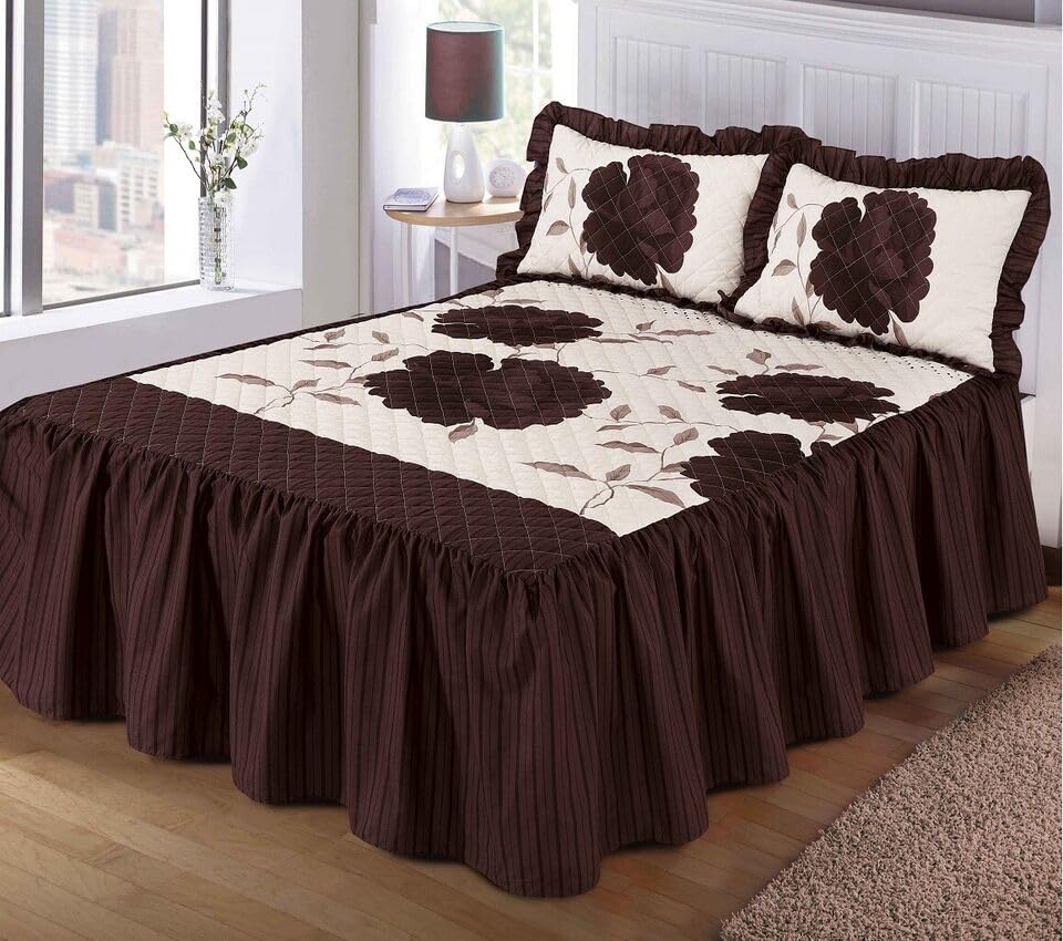 London Dream Rosaleen Quilted Bedspread with Matching One Pillow Sham - Valance Style 23" Deep Frilled Bed Spreads Floral Design Bedding Set (Chocolate, Single 2-Piece)