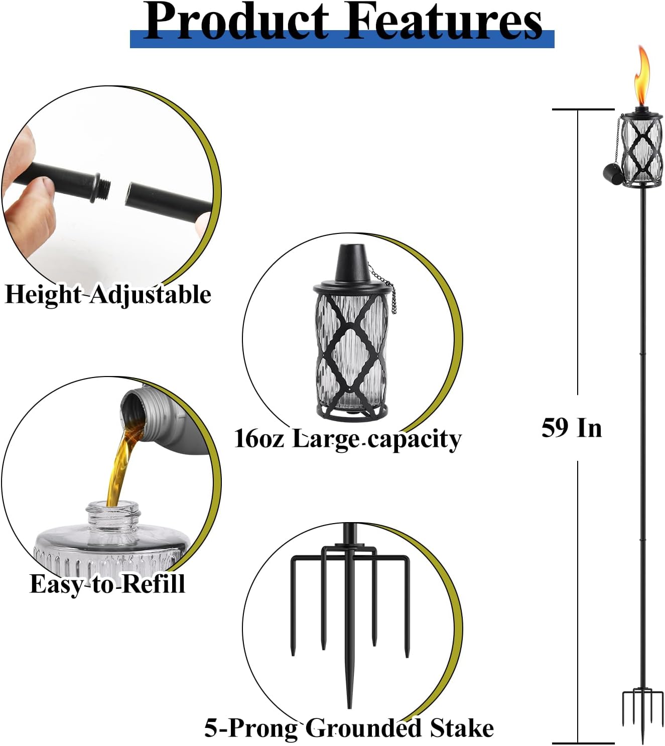 4 Pack Glass Citronella Torches for Outside, 16 Oz Outdoor Garden Torch with 5-Prong Grounded Stake, 60 Inch Patio Torch with Clear Glass Canisters, Outside Torches for Backyard, Patio