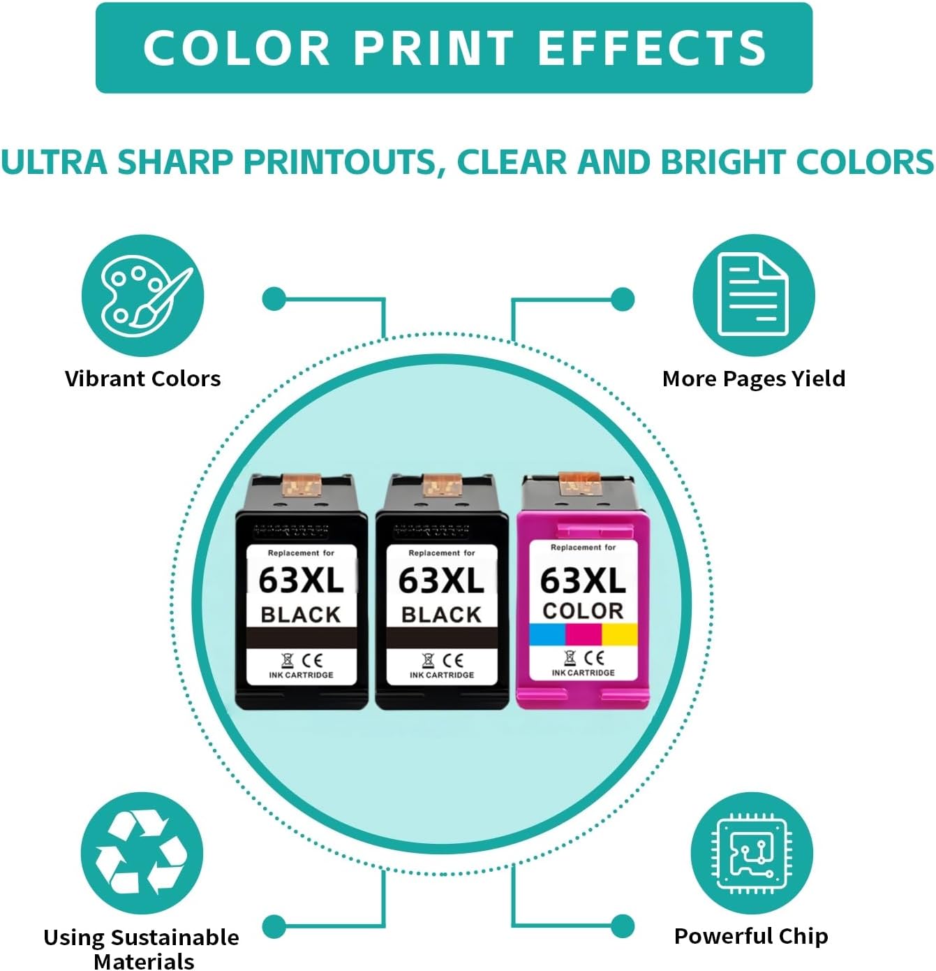 63XL Ink Cartridges Replacement for HP 63 XL Black Color Combo 3-Pack Work with 4520 3830 4650 5258 5255 4652 4655 4512 4510 46543630 3632 3634 3833 3631 5200 5252 2132 2130 1112 Printers