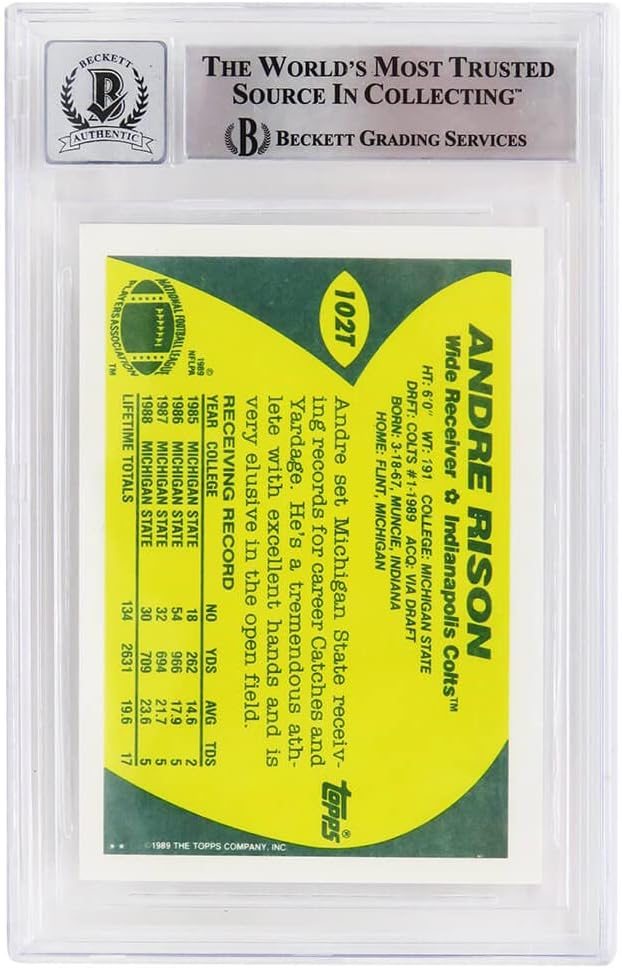 Andre Rison Signed Colts 1989 Topps Rookie Football Trading Card #102T w/Bad Moon - (Beckett - Auto Grade 10)