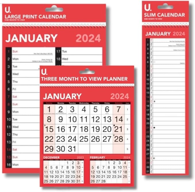 2024 Calendar Slim 1 Column Month to View Spiral Bound Wall Planner Red ...