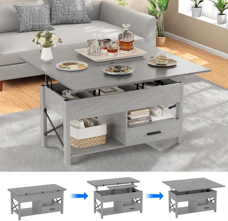 Lift Top Coffee Table with Storage, Grey Lift Top Coffee Table with Drawers&Hidden Compartment, Multi-Functional Center Table, Convertible Coffee Tables into Dining Table for Home Living Room Office