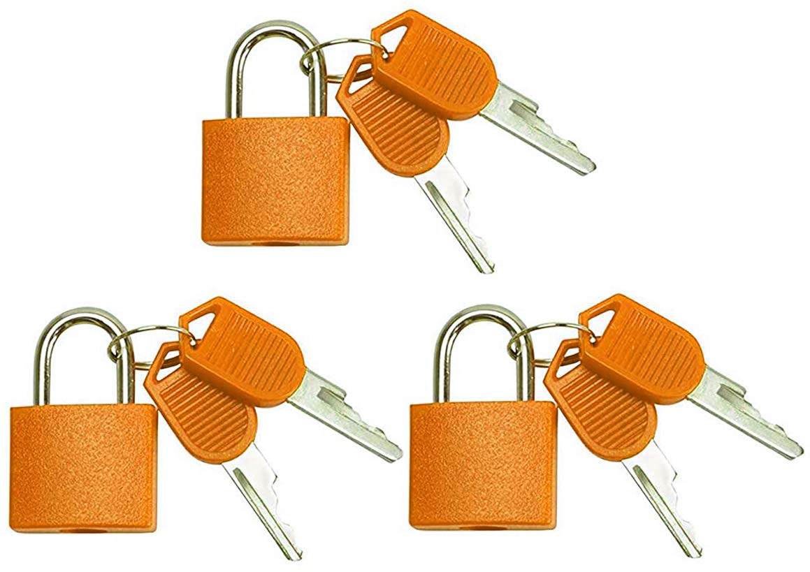 3 Pc Metal Padlock Solid Brass Luggage, Backpack, Diary, Jewelry Box, Crafts, School Teaching Lock with Key and Durable Cover (Small, Orange)