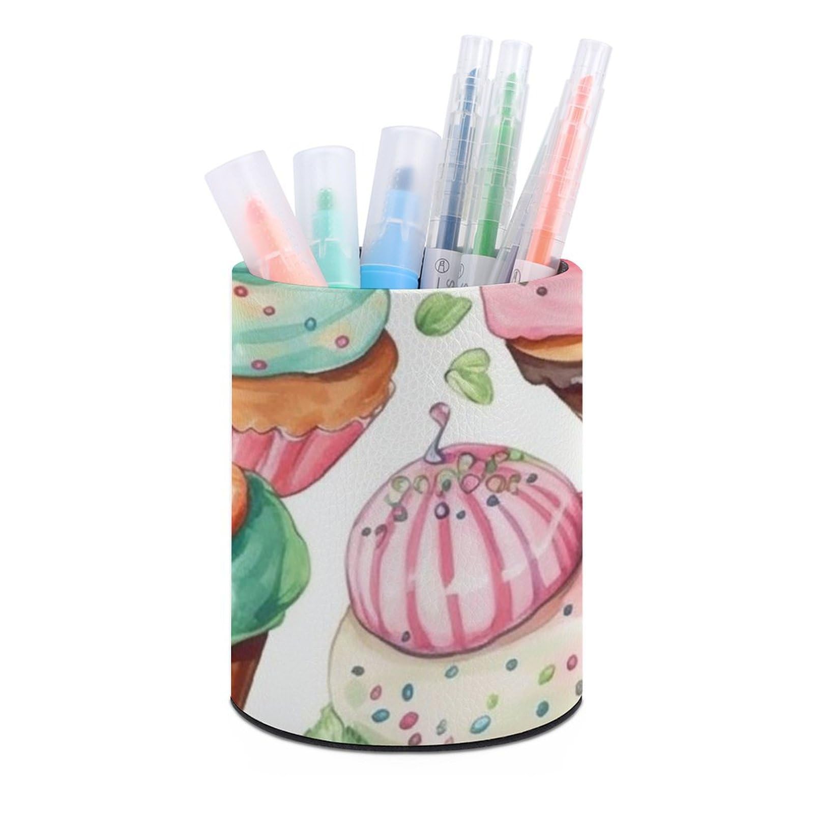 JTREHY Round Pen Holder,Cupcakes Donuts Muffins Sugar Printed Makeup Brush Storage Box Desktop Stationery Storage Cup Office Accessories Storage Box Pencil Storage Box for Home Office Dressing Table