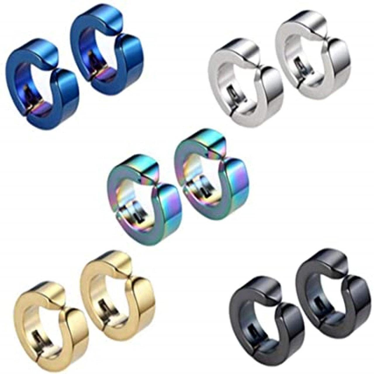 SV Non-Piercing Earrings Stainless Steel Huggie and Tiny Hoop Earrings Clip on Earring Set for Men Women Fake Gauges Earrings Black Silver-image-31