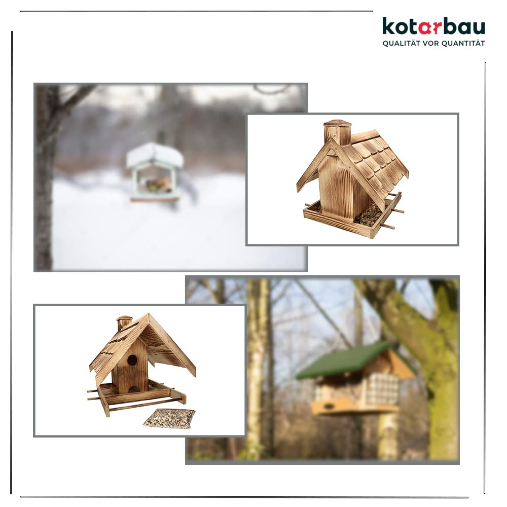 KOTARBAU® Comedero para pájaros de Madera, 37 x 29 cm, Dispensador de Comida, Casa para Aves, Casita de Madera flameada, + 0,5 Kilo de pienso Incluido