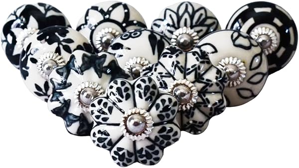 Ajuny Lot de 10 boutons de meuble en céramique noir & blanc vintage – formes citrouille & rond, peints à la main – poignées pour tiroirs, portes de placard & armoires de cuisin - 5