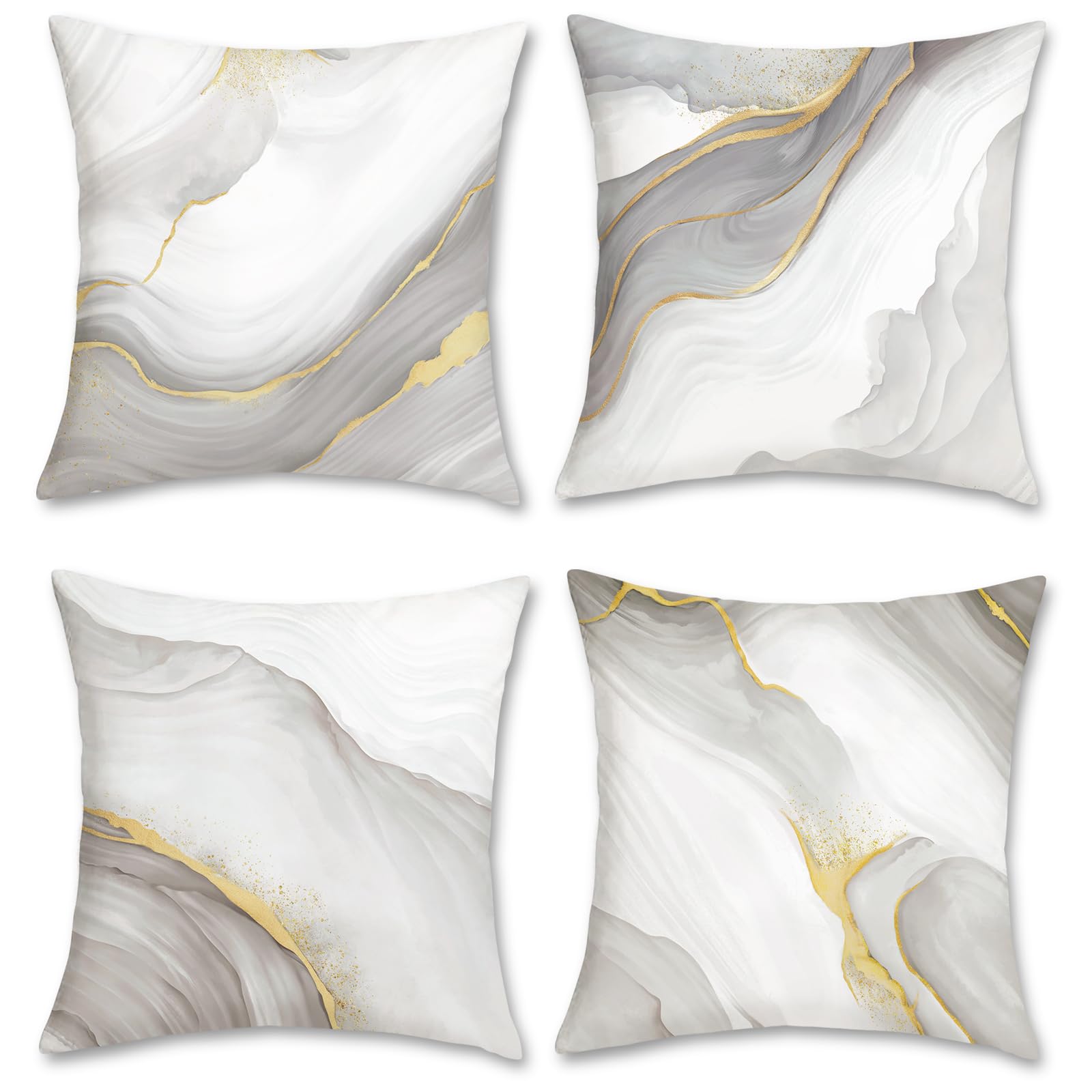 Bonhause Grey Gold Marble Cushion Covers 45 x 45 cm Modern Abstract Marble Texture Decorative Pillow Covers Soft Velvet Pillowcases for Sofa Bed Home Patio Decor Set of 4