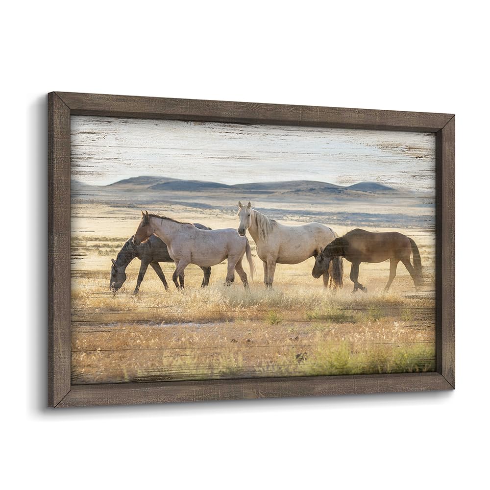 Wild Horses Wall Art Framed: Wildlife Animals Pictures Horse Artwork Painted Wood Painting for Bedroom(12x16)