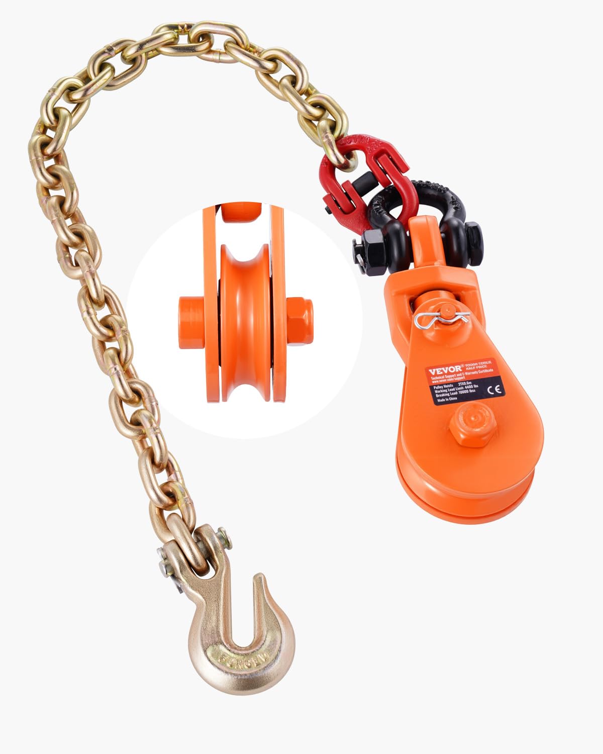 VEVOR Bloc d'arrachage avec chaîne G80, 2 T, poulie de mouflage 74 mm pour corde de 9,5 mm, pour applications de remorquage et de récupération à plat, dépanneuse à recul, câble de transport de voiture
