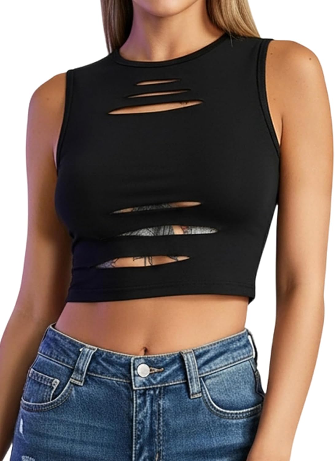 Remidoo Women's Punk Rock Ripped Crop Tank Top Distressed Cut Out Sleeveless Cropped Shirt - Image 5