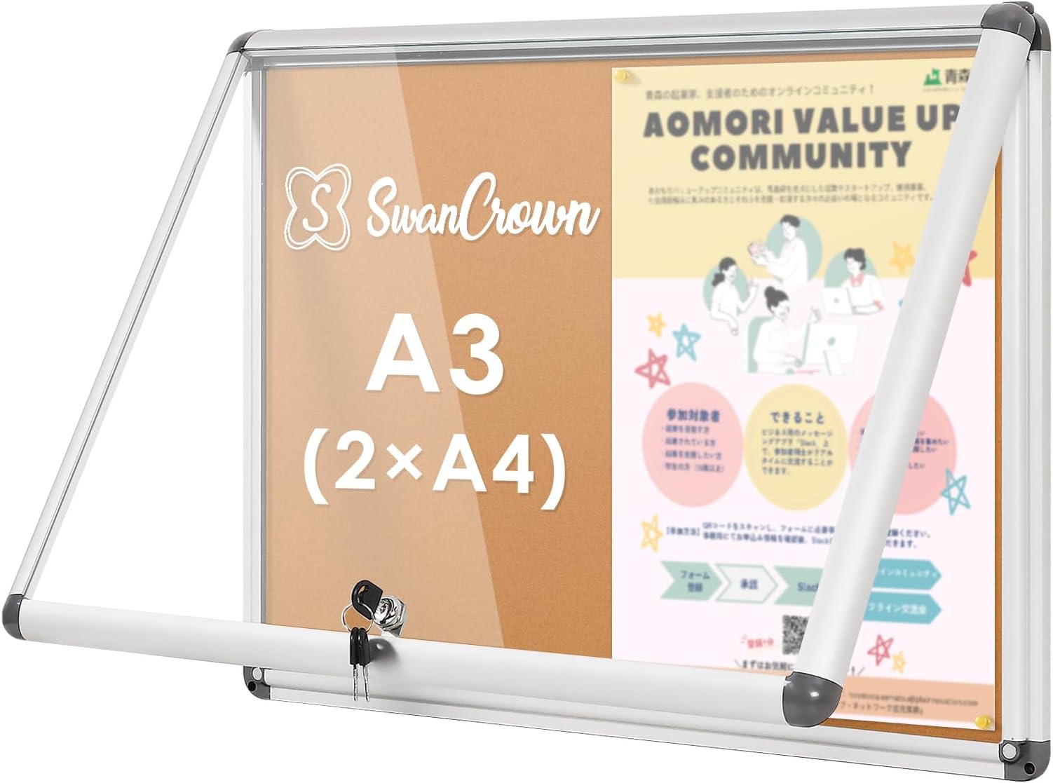 Swansea Outdoor Bulletin Board, Door Type Guidance Board, Bulletin Board, Outdoor, Simple Lock, Wall Mounted, Silver Aluminum Frame, For Sushi Restaurants, Cover, 19.3 x 14.2 inches (490 x 360 mm) (2