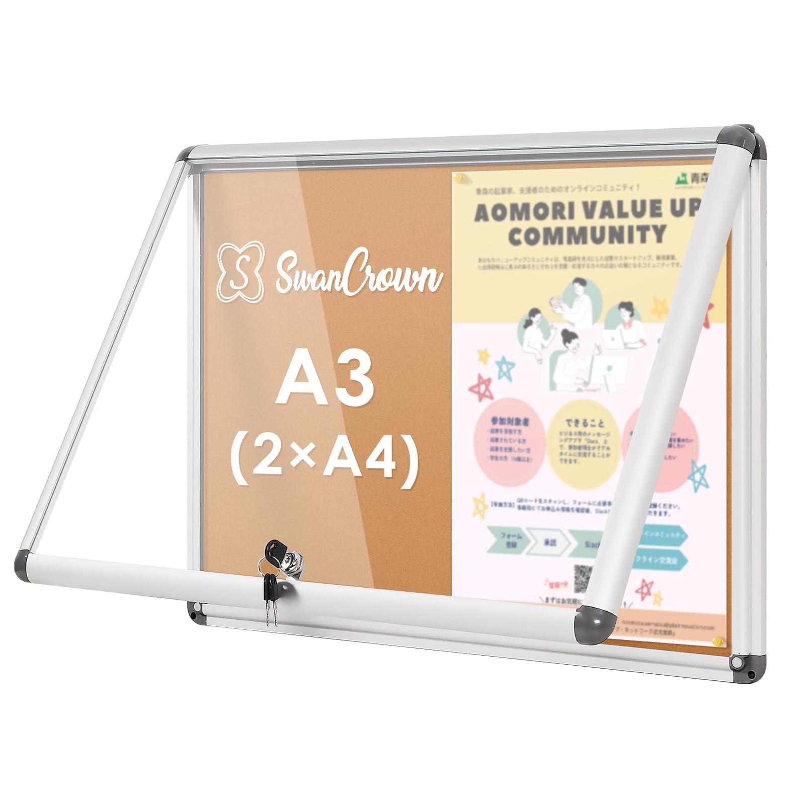 Swansea Outdoor Bulletin Board, Door Type Guidance Board, Bulletin Board, Outdoor, Simple Lock, Wall Mounted, Silver Aluminum Frame, For Sushi Restaurants, Cover, 19.3 x 14.2 inches (490 x 360 mm) (2