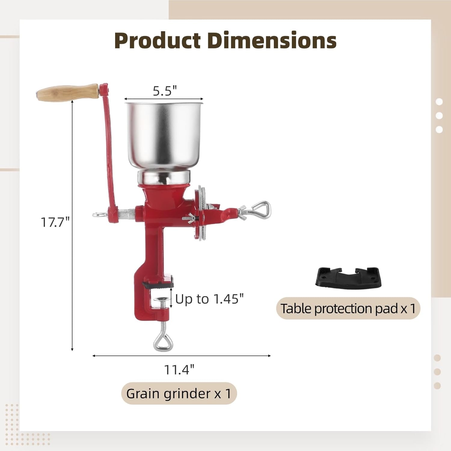 Corn Grinder Grain Manual,Cast Iron Crank Corn Grain Mill Grinder with High Hopper,Hand Powered Flour Mill,Wheat Grinder with Adjustable Coarseness & Wooden Handle for Home,17.7" Tall & 5.5" Hopper