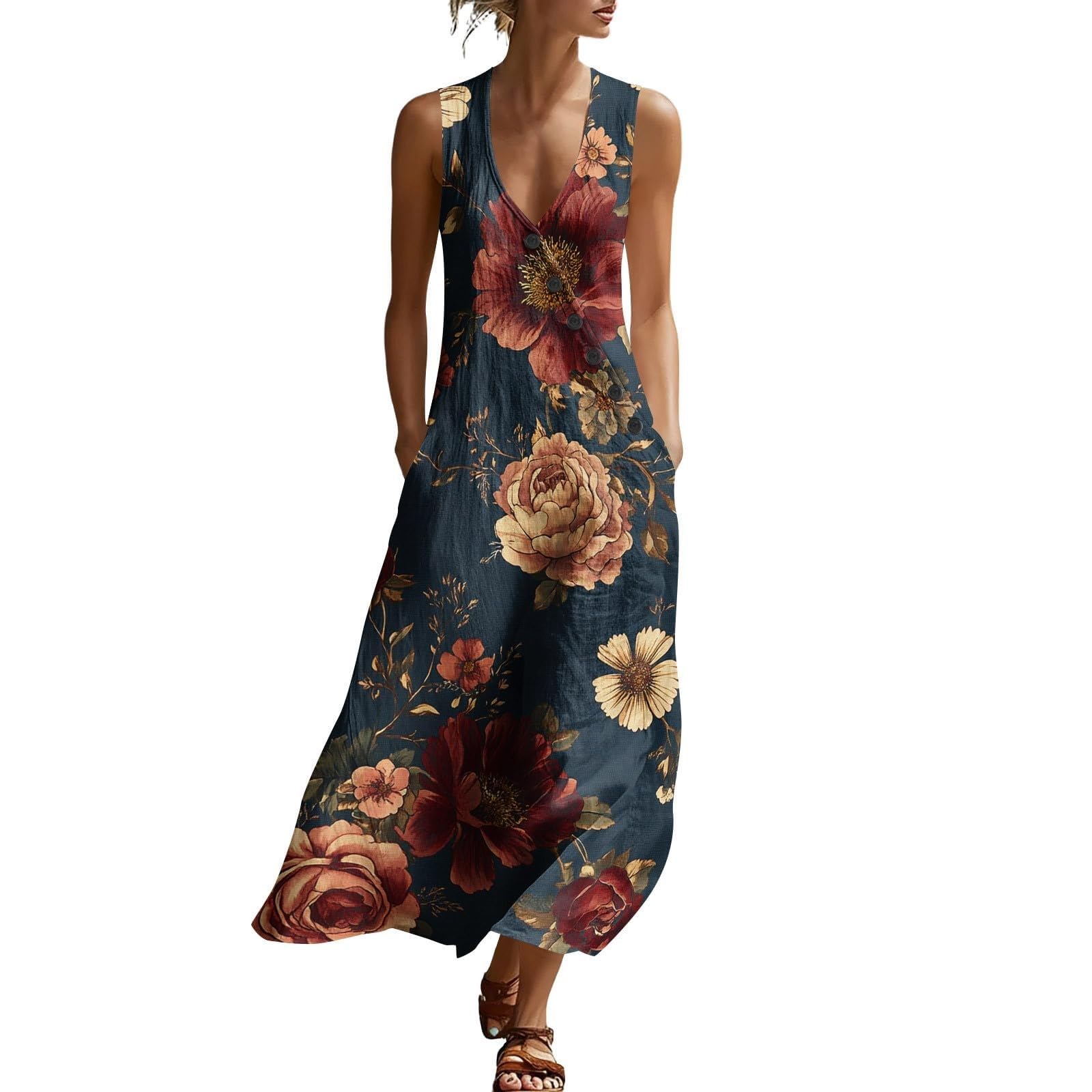 Generico Vestito Floreale Donna Estivo Senza Maniche in Misto Lino Vestiti Mare Boho da Spiaggia Abito Elegante Lungo con Scollo a V e Bottoni Abiti Casual Curvy Leggero per Vacanze Viaggio Uscite,