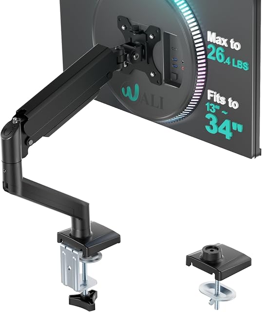 WALI Arme de moniteur unique pour écrans de 13-34 pouces (GSMP001N), Noir 12 kg, Ergonomie, Bras réglable avec rotation pivotante en Tilt, Space Sauver, VESA 75/100mm, C-Clamp/Grommet Base