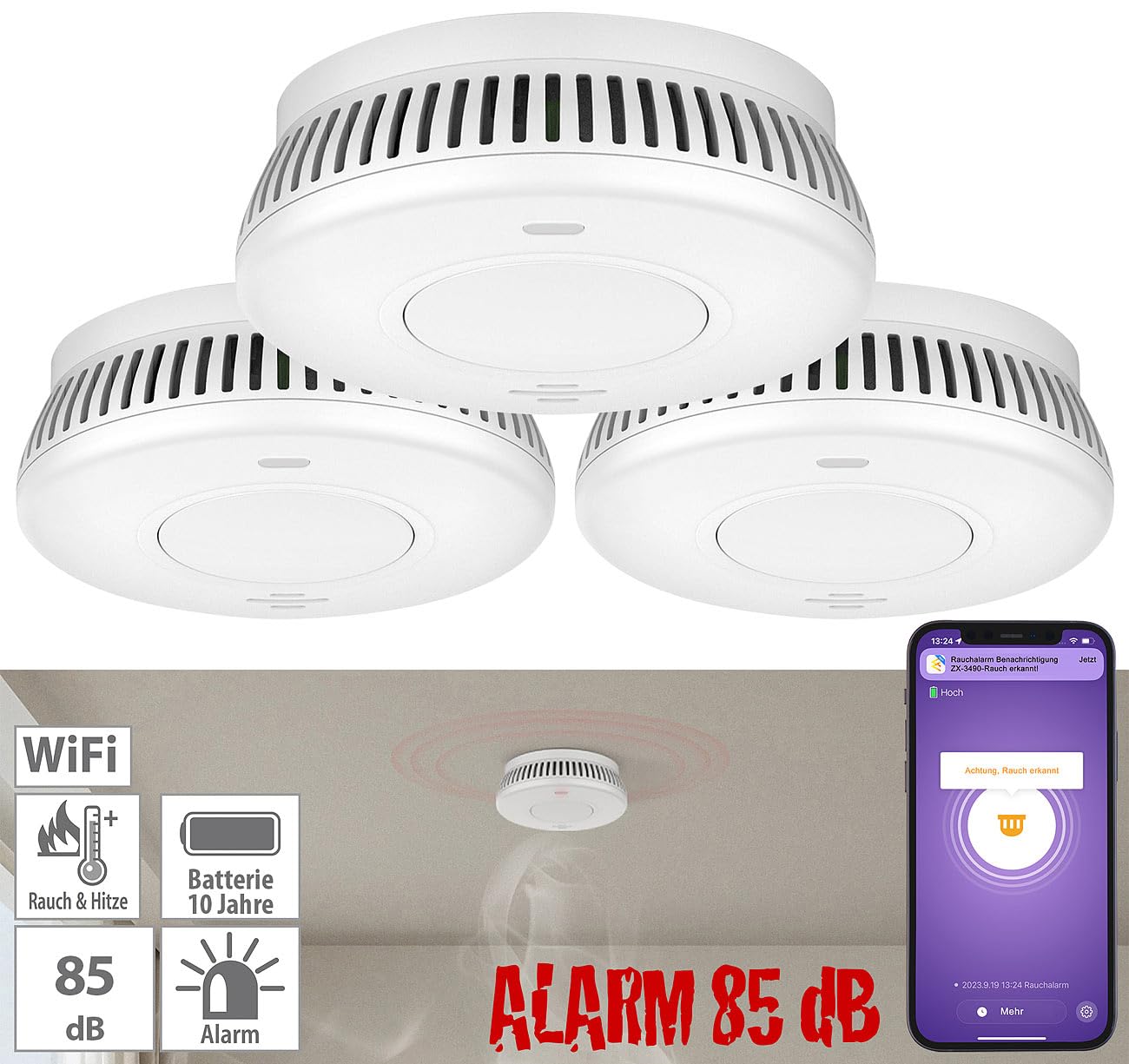 VisorTech rilevatori fumo.sets: set da 3 pezzi Rilevatore di fumi WLAN, batteria integrata di 10 anni, 85 dB (sensore fumo, rilevatore, pc)