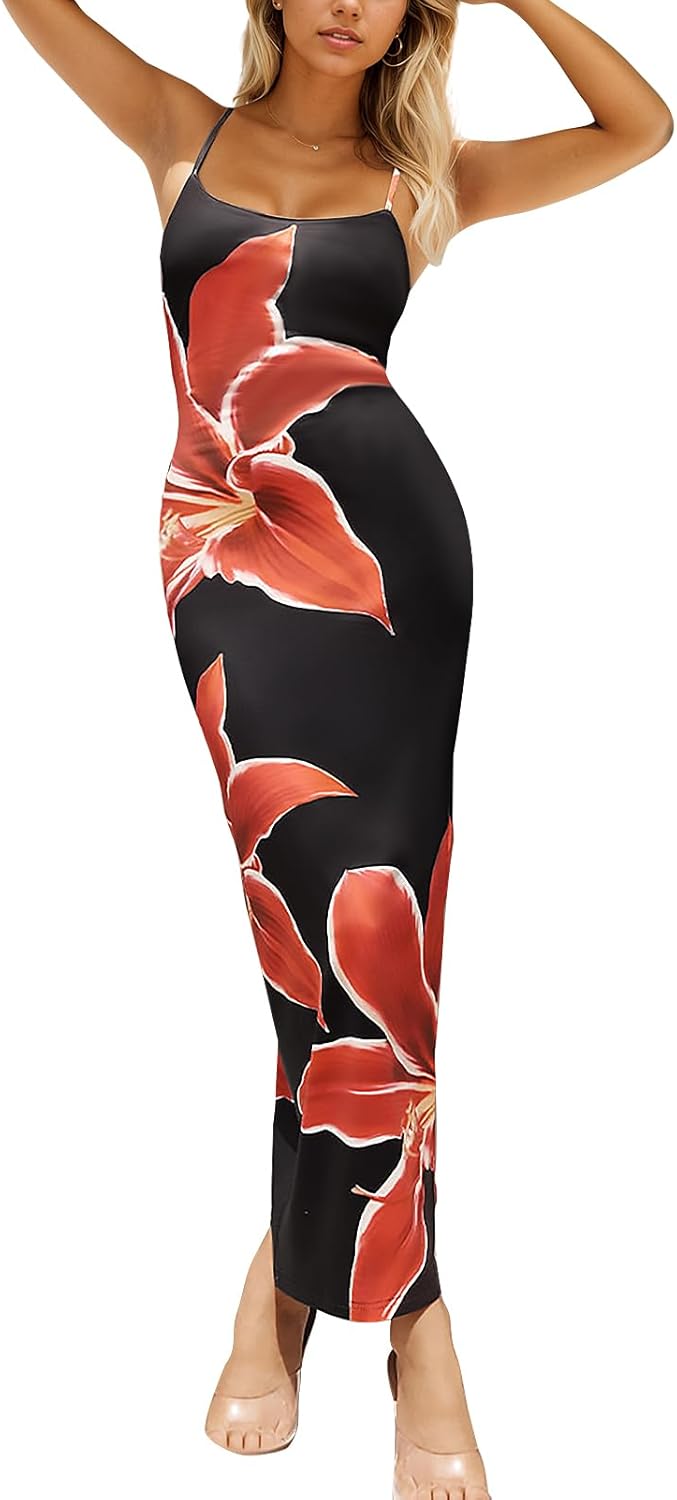 Women's Sexy Floral Print Maxi Dress Spaghetti Strap Backless Slim Flit Bodycon Long Dresses Party Night Going Out Outfits - Image 4