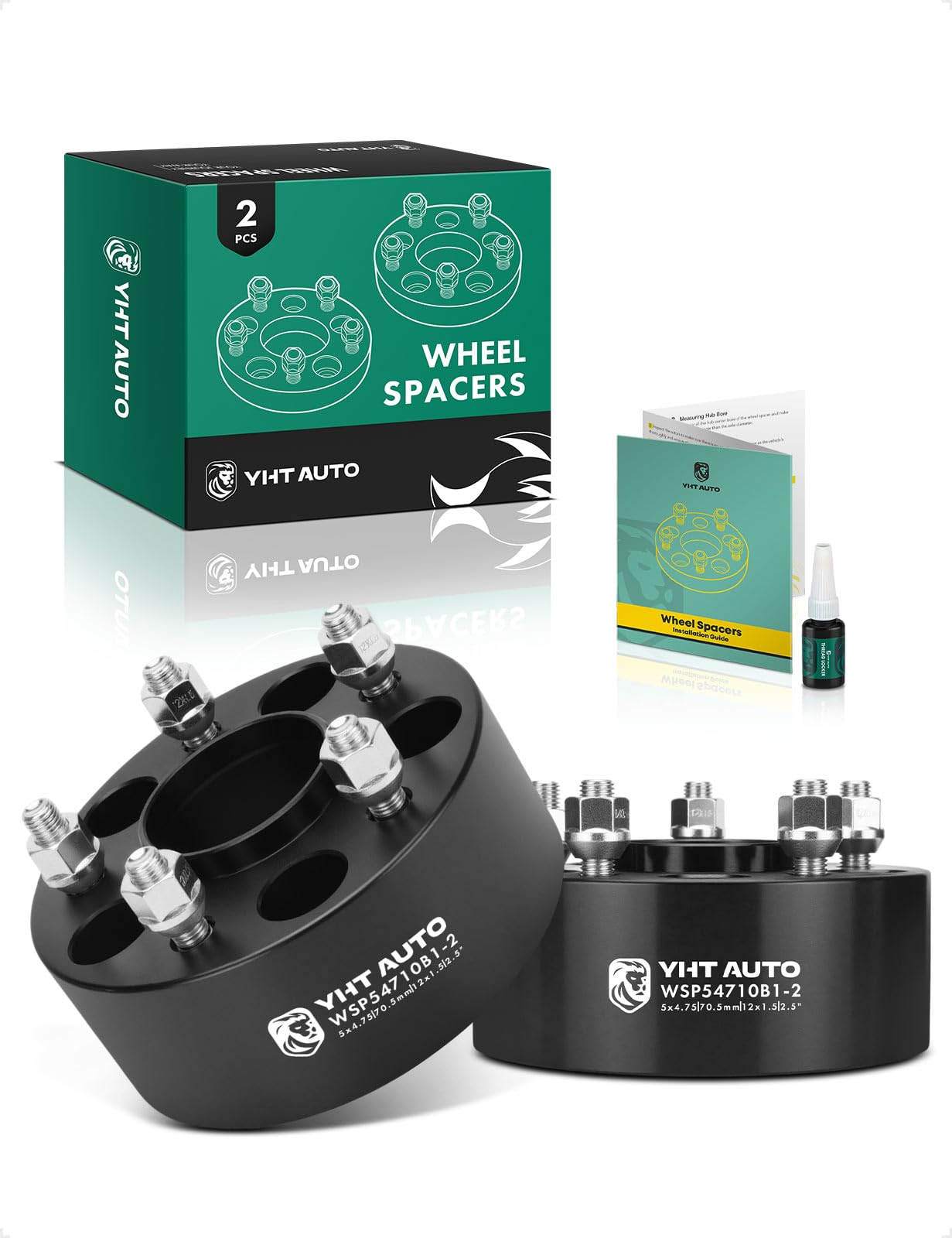 YHTAUTO 5x4.75 Hub Centric Wheel Spacers 2.5 Inch Compatible with Chevrolet, GMC, Buick, Cadillac, Pontiac Models Tire Spacers w/ M12x1.5 & 12.9 Grade Studs, 70.5mm Hub Bore 5 Lug 2PCS Black