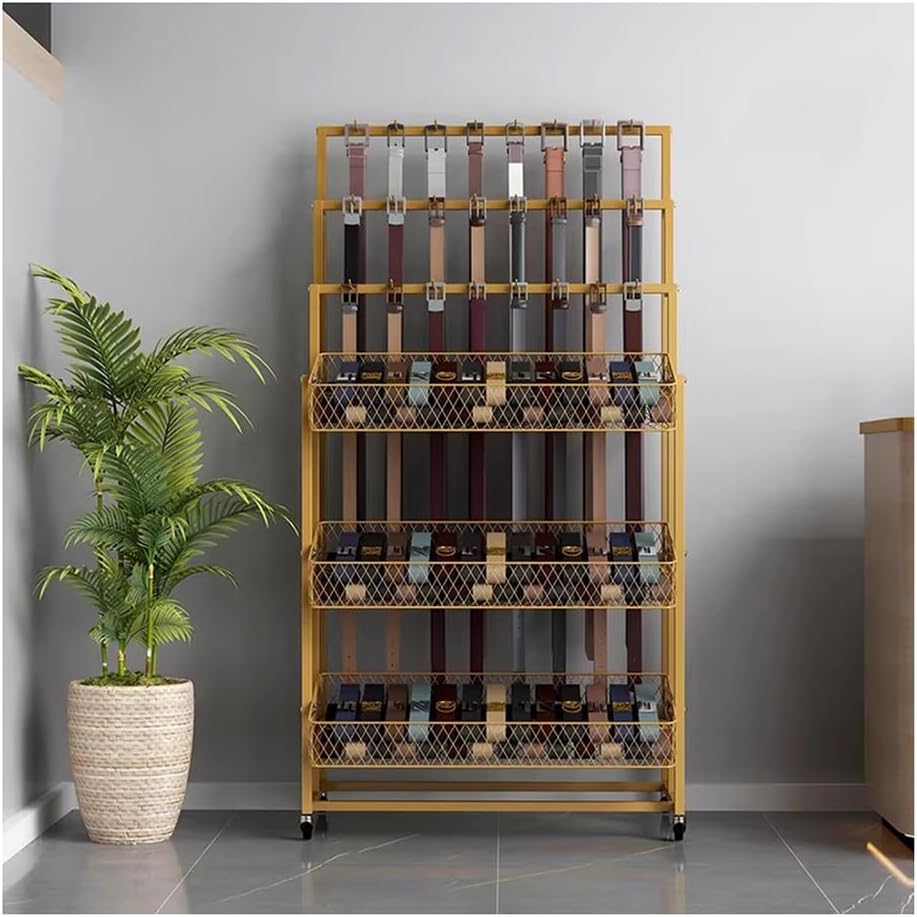 GRRICEPL Belt Racks, Multi-Functional Closet Organizer, Ties Shawls Scarves Accessories Storage Display Rack with Casters, for Retail Stores, Clothing Store(Gold,60x45x150 cm)