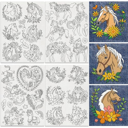DOODLREAM Stabilizzatori per cucito a mano solubili in acqua, 34 pezzi, 21 x 29,7 cm, con ricamo a forma di cavallo, 4 fogli di adesivi in carta da ricamo a punto